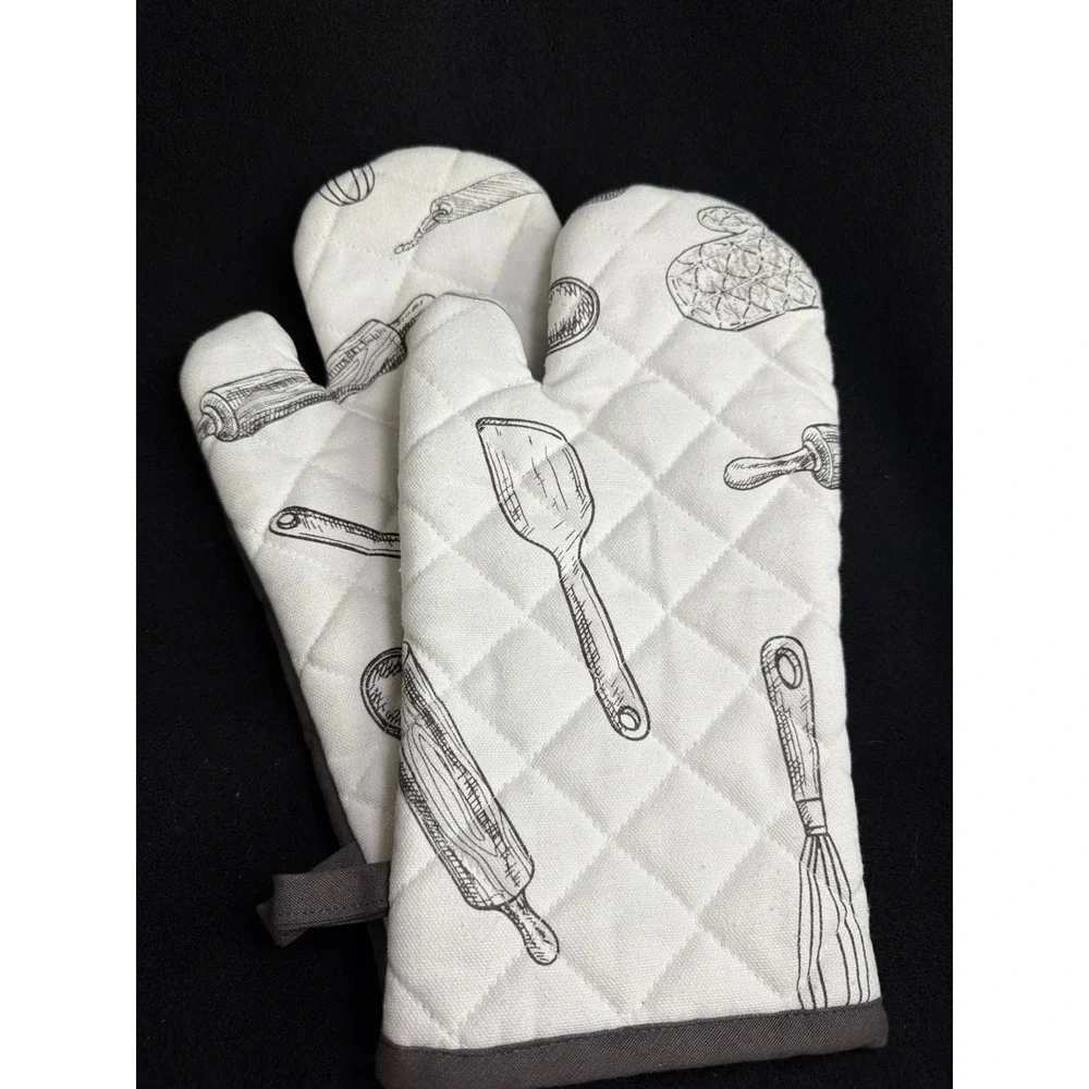 Grandma's Kitchen‎ Oven Mitt Set 100% Cotton Grey White Baking Tool Print 2pc